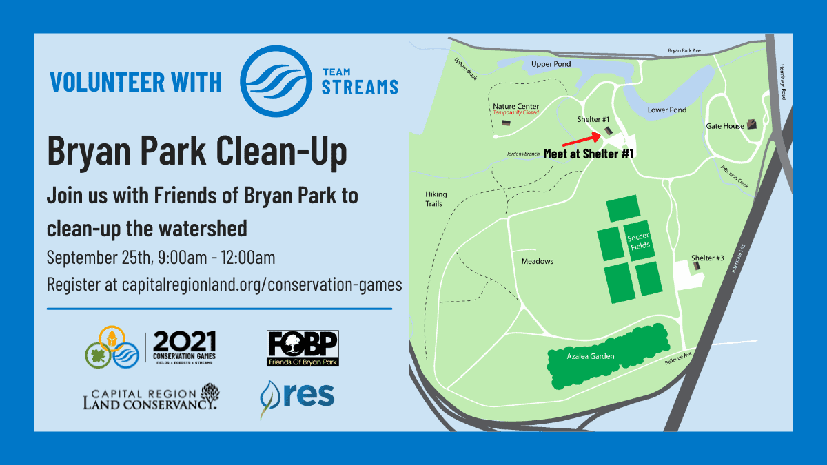 Graphic with details for the Team Streams volunteer Clean-Up at Bryan Park