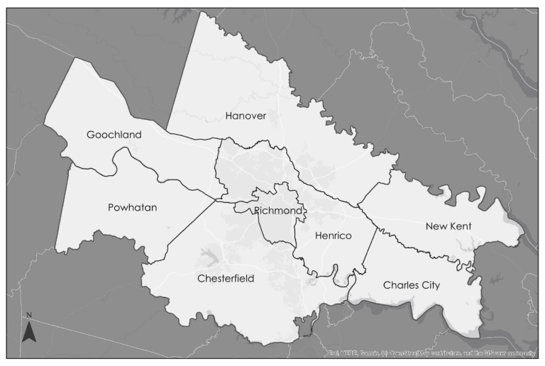 White and grey map of the counties and cities that CRLC serves in the capital region.