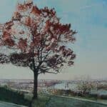 Image of a painting of The View. Tree with fall, red foliage in foreground with a swooping bend of the James River in the background under blue sky.