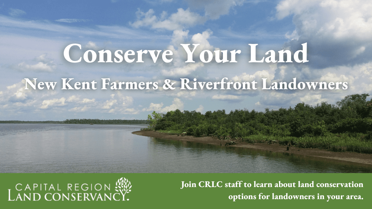 Invitation graphic with view of blue skies over Pamunkey River in New Kent County. Text reads: Conserve Your Land New Kent Farmers & Riverfront Landowners.