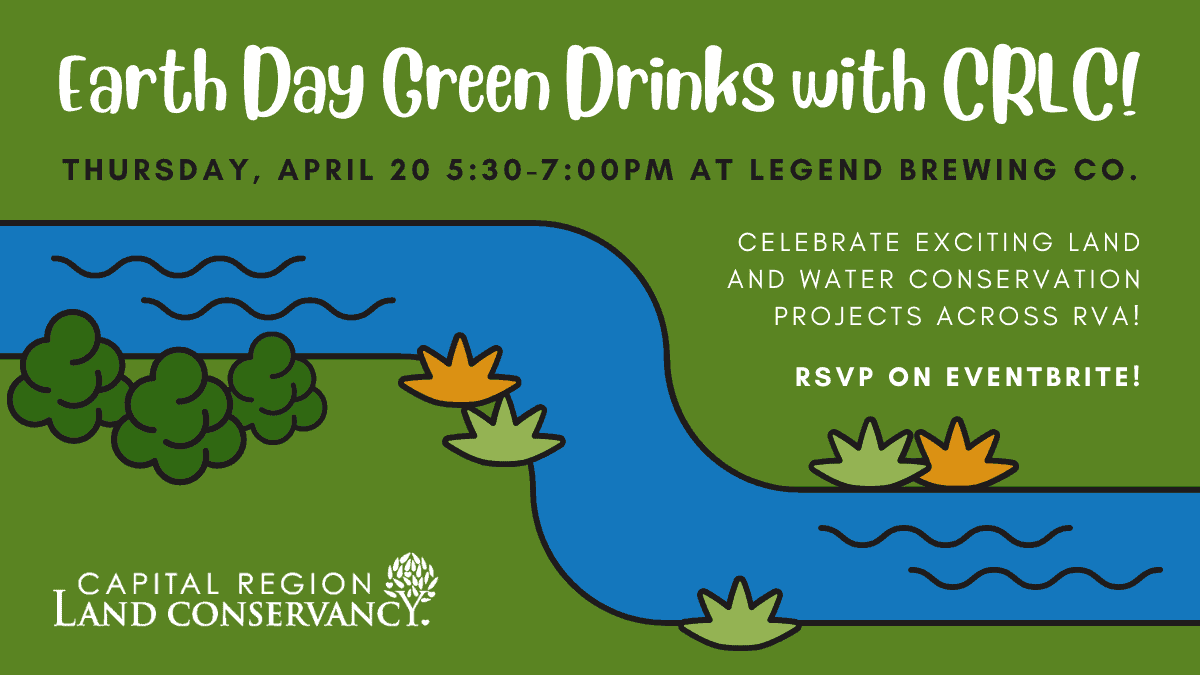 Earth Day Green Drinks with CRLC promotional graphic with a cartoon, frogger-like river through the middle.