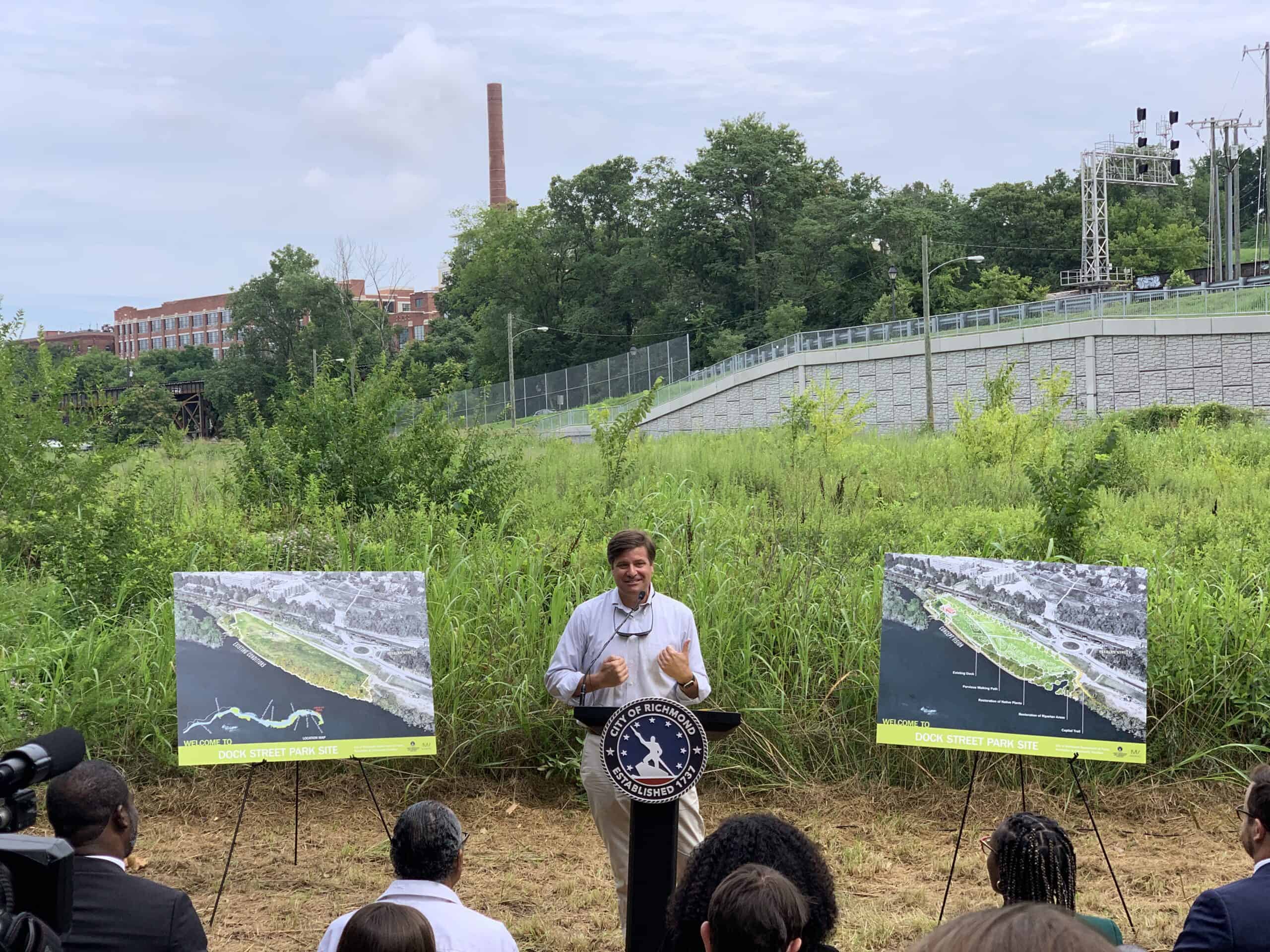 Dock Street press conference with remarks from CRLC executive director Parker Agelasto. The View That Named Richmond Protected.