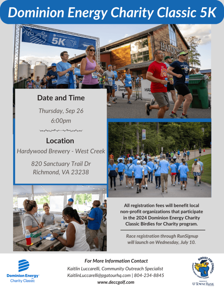 Graphic featuring runners at a race with text reading Dominion Energy Charity Classic 5K