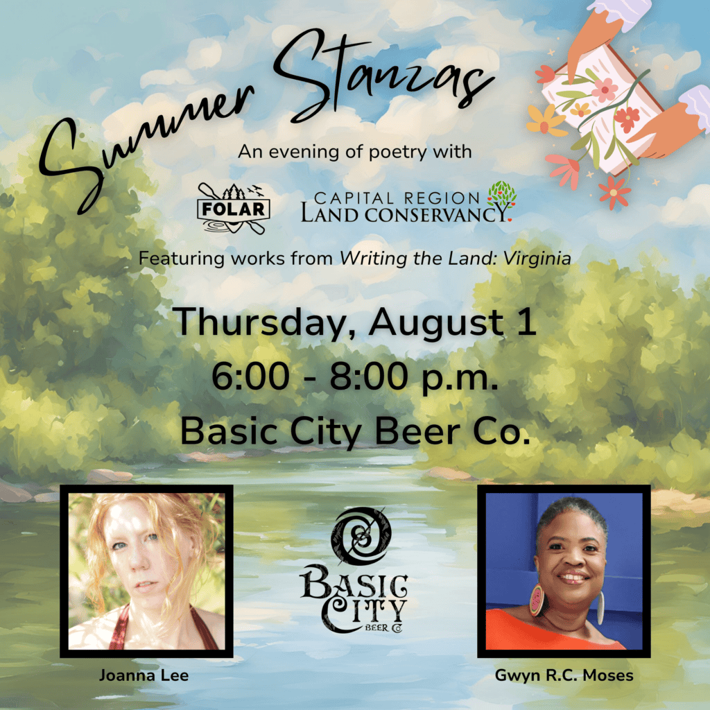 Text Summer Stanzas Thursday, August 1 with photos of two poets overall an animated river scene