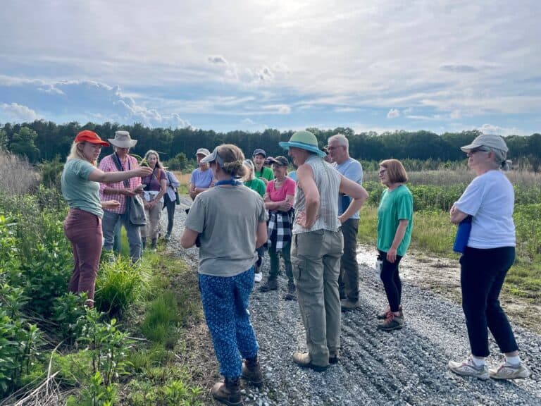Ashley Moulton shares information about native plants to group of hikers at Varrina LandLab