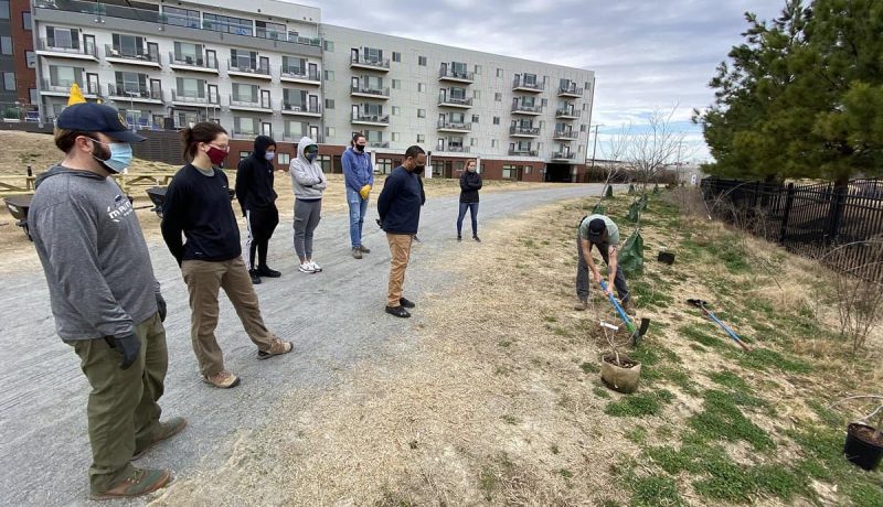 Volunteers plant trees at the Science Museum of Virginia's Protopath in Scott's Addition.
